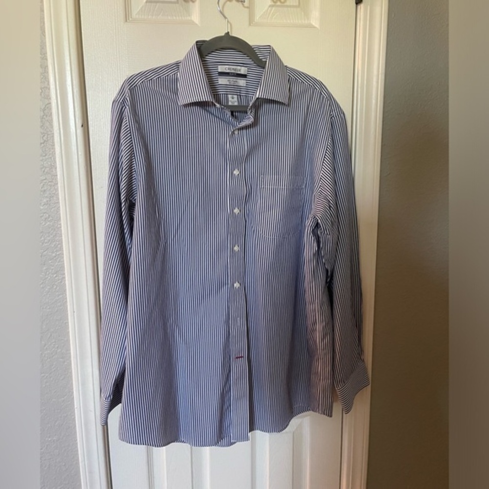 Cremieux Slim Fit Poplin Long Sleeve Blue & White Stripe Button Down Size 17/35.